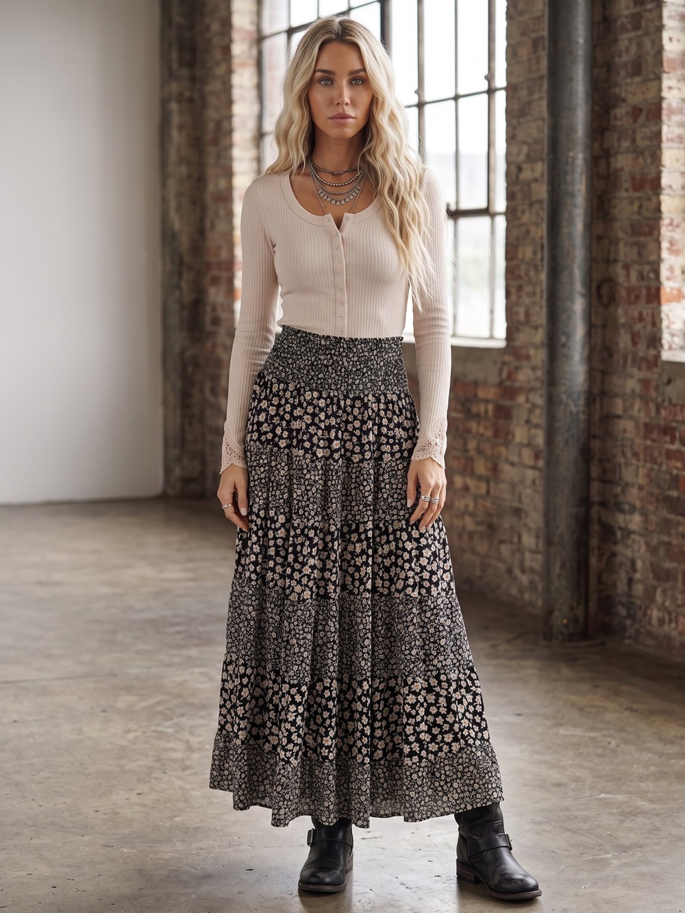 NWT Angie Boho Floral Print Smocked Tiered Maxi Skirt
